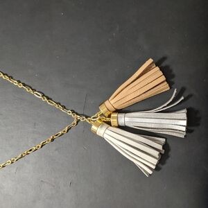 J. Crew Gold Tone Triple Leather Tassel Long Statement Necklace